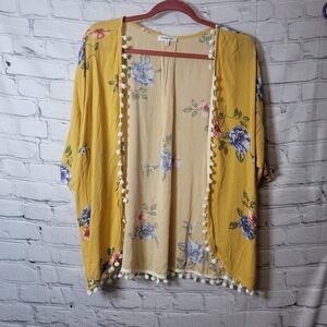 Persaya Girl Mustard Yellow Floral Pom Pom Trim Kimono Wrap Top Large Boho Layer